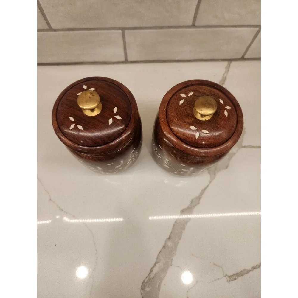 Wooden Kitchen Storage Flower Canister Jars with Lid for Snacks,‎ Food Set Of 2